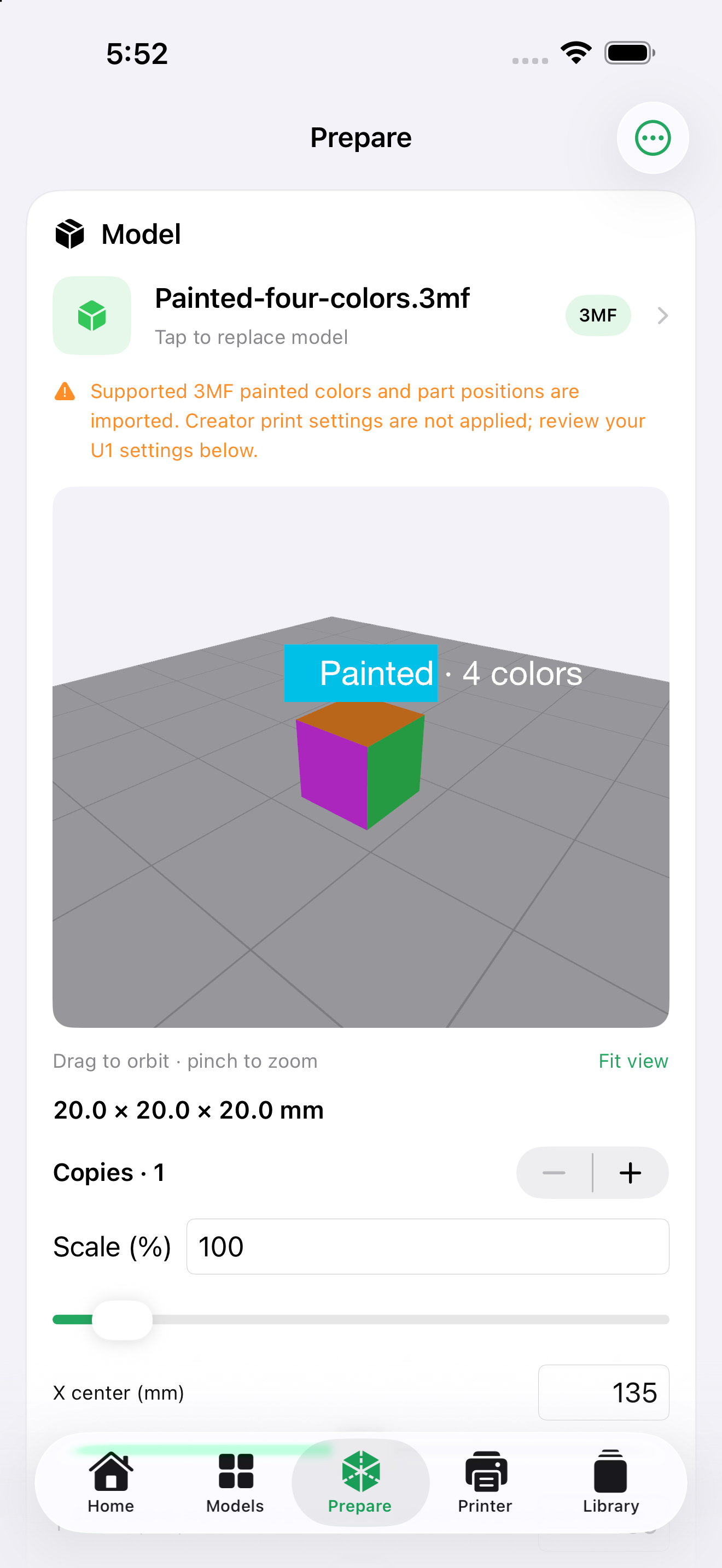 SnapSlice Prepare screen with a four-color painted model on the U1 bed